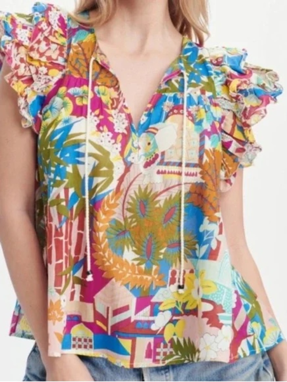Love The Label 100% Cotton Multicolor Floral Flutter-Sleeve Blouse - Picture 3 of 5